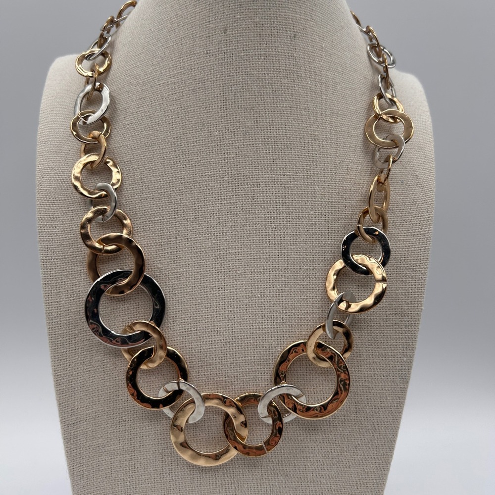 Catherine Malandrino Two Tone Hammered Circle Link Statement Necklace 16"